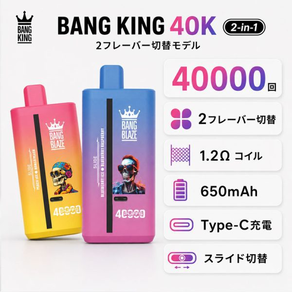 Bang King 40K 40000回吸引 2フレーバー切替 1.2Ωコイル 650mAh Type-C充電 スライド切替
