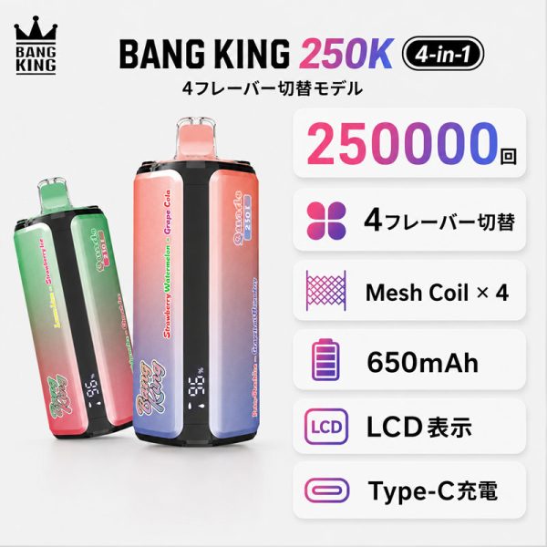 Bang King 250K Quads 4-in-1の特徴｜4フレーバー切替・Mesh Coil×4・650mAh・LCD表示・Type-C充電