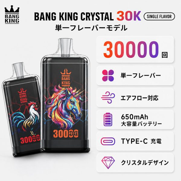 Bang King Crystal 30K 主な機能とスペック Bang King Crystal 30Kの特徴|単一フレーバー・エアフロー調整・650mAh・Type-C充電・クリスタルデザイン